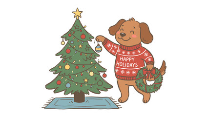 Fototapeta premium Festive Fido Decorates for Christmas: A cheerful cartoon dog, sporting a Happy Holidays sweater, lovingly places an ornament on a beautifully decorated Christmas tree while holding a festive wreath.