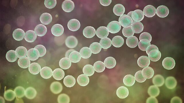 Streptococcus pyogenes bacterium, 3D animation showing spherical Gram-positive cocci arranged in chains, representing characteristic group A streptococcal morphology.