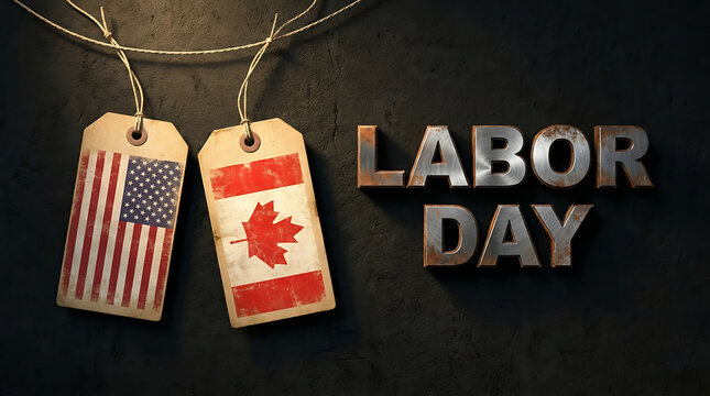 Labor day celebration concept with hanging cardboard tags featuring american and canadian flags on dark background