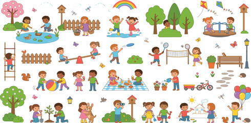 Fototapeta premium Happy kids outdoor activities in park vector illustration set with diverse children