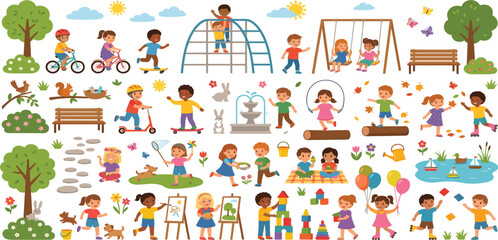 Fototapeta premium Diverse happy kids playing outdoor park activities and games vector illustration set