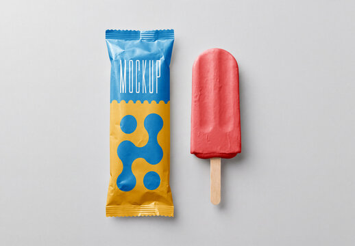 Ice Pop Packaging Mockup with Wrapper and Popsicle on White Background