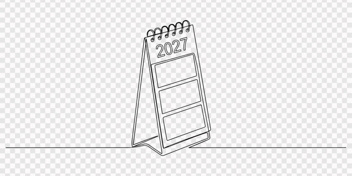 Continuous line drawing Minimalist calendar icon, 2027 year planner, simple line drawing, desk calendar, vector illustration, transparent background, Loose-leaf calendar 2027 in one continuous line on