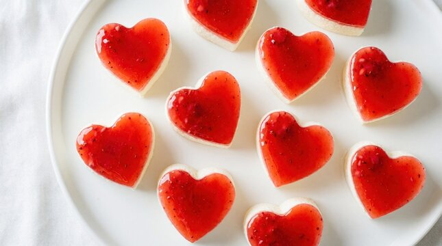 Small heart shaped strawberry cheesecake bites on white plate. Fresh red berry glaze topping covers creamy mini cakes. Sweet dessert snacks for romantic events holidays. Homemade gourmet treats for