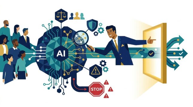 A group of people discuss AI while a man points to a diagram showing connections and risks. The scene highlights technology audit efforts.