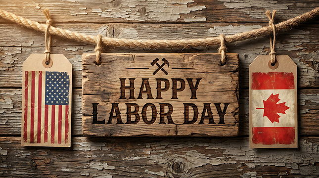 Rustic wooden sign with happy labor day text hanging with american and canadian flag tags on rope