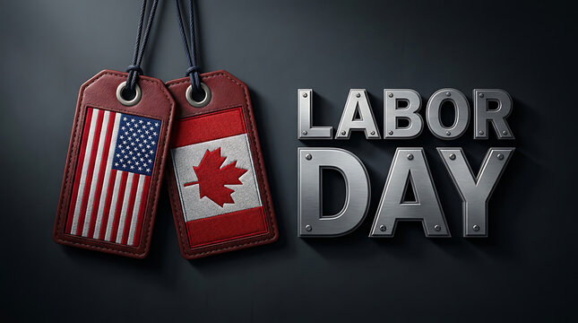 Labor day metal typography with leather tags featuring the flags of the united states and canada