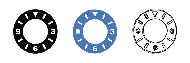 Fototapeta premium A collection of three circular dials, one black, one blue, and one sketched, each featuring numerical markers and directional indicators