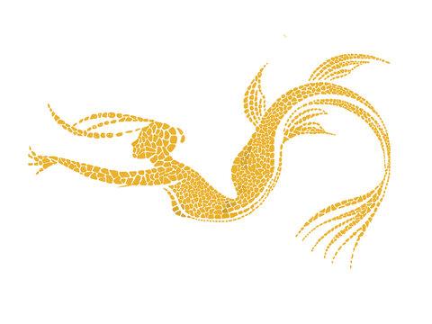 Mermaid silhouette in mosaic style. Decorative vector illustration of a mythical fish woman made of yellow pieces isolated on white