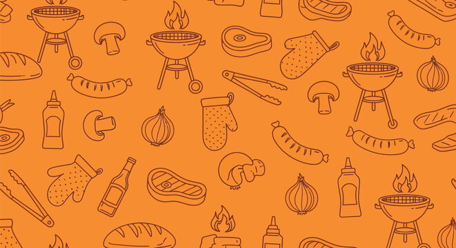 Barbecue party background pattern with grill icons steak meat sausage onion mushroom tongs mitt and sauce bottle food cooking theme orange wallpaper design.