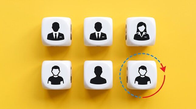 Human resources recruitment concept with white dice, employee icons on yellow background, staff replacement and turnover symbol