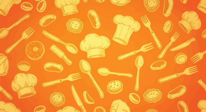 Chef cooking utensils pattern with hats spoons forks knives and snacks on vibrant orange background culinary kitchen theme seamless wallpaper design art.