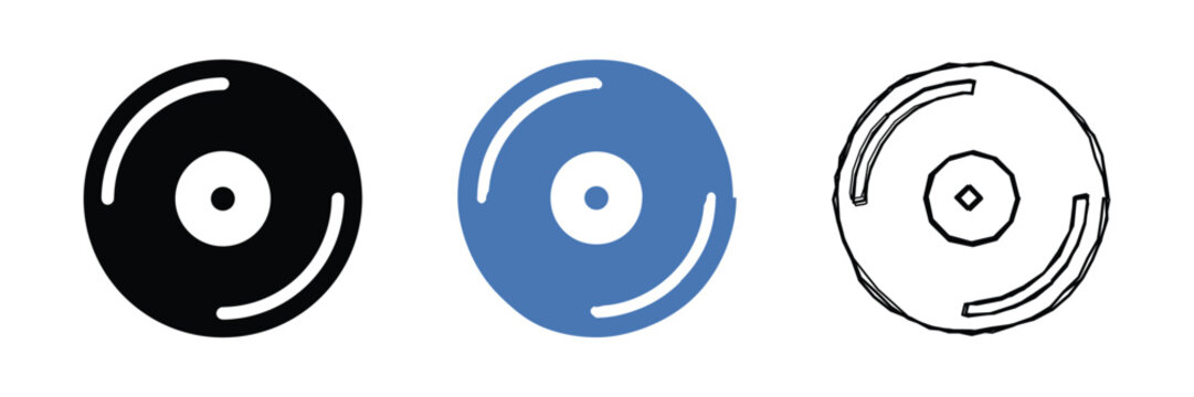A set of three distinct visual representations of a circular disc, showcasing solid, colored, and sketched designs for versatile use