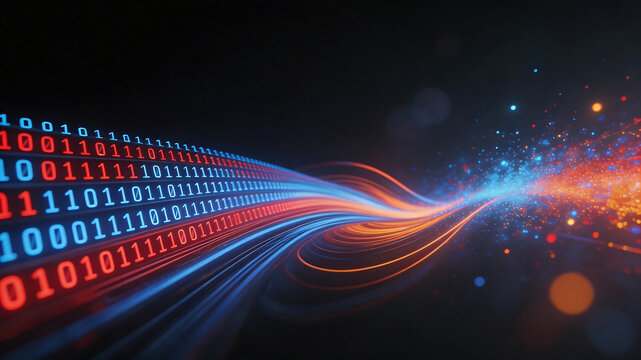 Binary code data stream with glowing lines