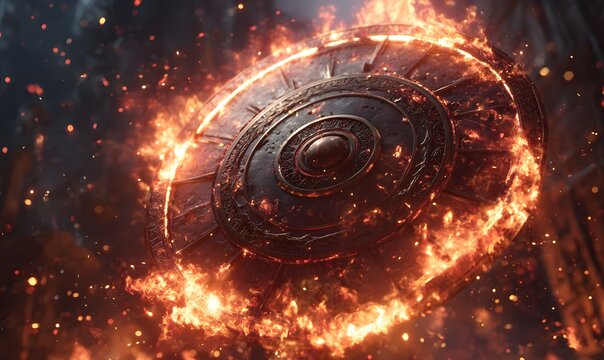 An ancient circular shield engulfed in intense flames with flying embers in a dark background