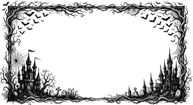 Spooky halloween border vector frame featuring haunted castles graveyard flying bats gnarled tree branches and spider webs illustration