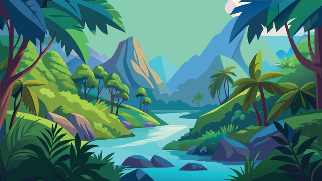 Lush jungle river flowing through mountains with vibrant foliage during daytime vector illustration