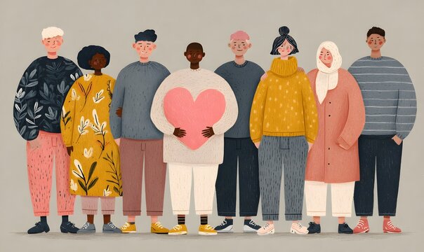 Diverse group of people standing together holding a large pink heart, unity and inclusion concept