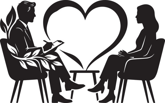 Silhouette of man and woman sitting on chairs with heart shape between them in romantic date conversation