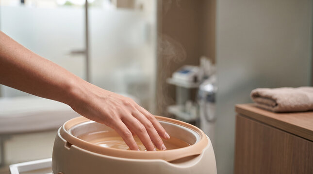 Close up of a woman dipping her hand into a paraffin wax bath during a spa manicure treatment
