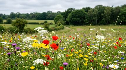 Obraz premium A vibrant meadow filled with colorful wildflowers including red poppies and white daisies under a soft cloudy summer sky