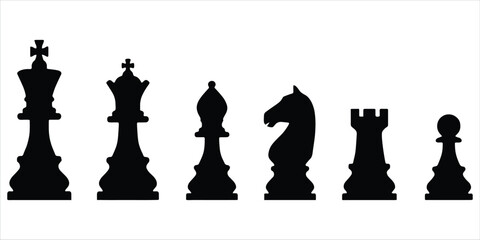 Silhouette collection of six black chess pieces including king, bishop, knight, rook, and pawn on a transparent background © Mst