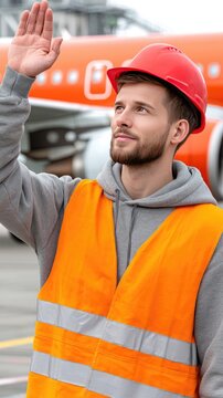 Male airport ground crew worker gestures towards airplane on tarmac under overcast sky