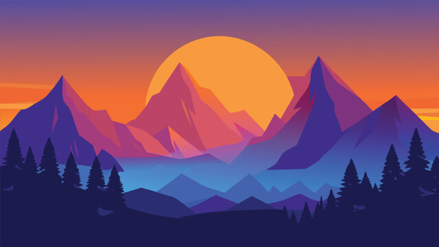 Vibrant mountain range during sunset with pine trees and a large sun in a vector illustration style