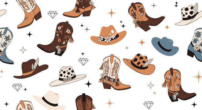 Decorative seamless pattern of western cowboy boots and hats with intricate floral embroidery and stars on white.