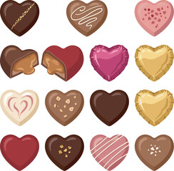 Fototapeta premium Heart Shaped Chocolate Candy Collection Featuring Pralines, Truffles, Filled Chocolates, Valentine Sweets, and Romantic Dessert Vector Illustration