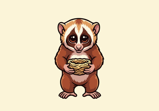 Cute cartoon slow loris holding a nest