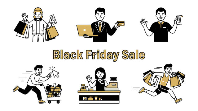 Black Friday Frenzy: A dynamic collection of illustrations captures the excitement and urgency of Black Friday shopping, from eager customers with full bags to determined shoppers in pursuit of deals.