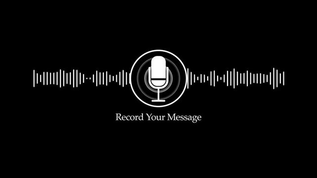Animated microphone audio waveform with record your message text overlay for podcast and voiceover production 4k stock video