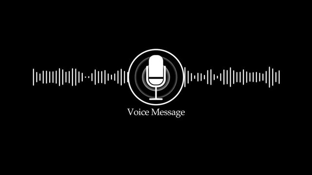 Animated voice message with pulsing sound wave equalizer on black background, audio microphone 4k stock video