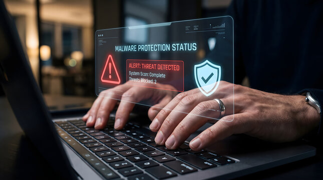 Professional using a laptop with a digital security interface showing active malware threat detection and system protection status
