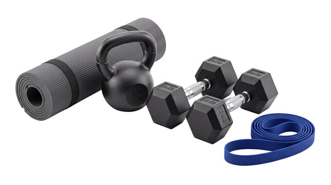 Home fitness equipment set with black dumbbells, kettlebell, rolled yoga mat and blue resistance band for strength training and workout isolated PNG with Transparent Background