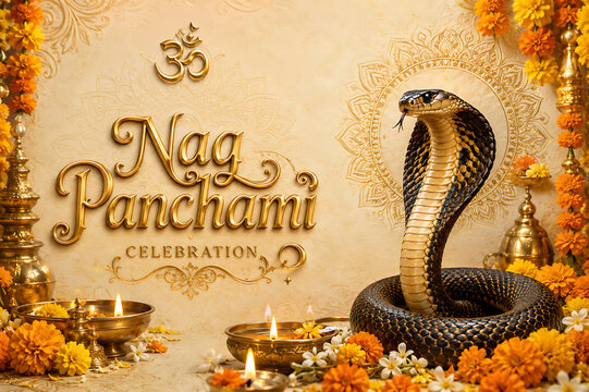 Elegant Nag Panchami Festival Artwork with Sacred Cobra, Shivling, Bilva Leaves and Spiritual Hindu Festival