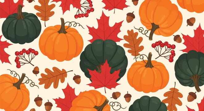Autumn harvest pattern with pumpkins maple leaves acorns rowan berries on light background fall season celebration harvest festival theme organic food harvest elements.