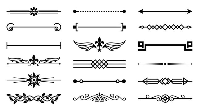 Set of Decorative Text Dividers Featuring Elegant Silhouette Graphics and Ornate Vintage Line Patterns for Professional Layout Designs (21)