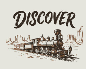 Vintage steam train in the Wild West desert landscape. Discover adventure travel poster. Retro hand-drawn locomotive sketch with canyons. © Si Acih
