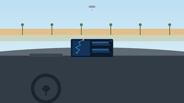 first person view driving through a desert with a car dashboard, steering wheel and GPS screen, bright day