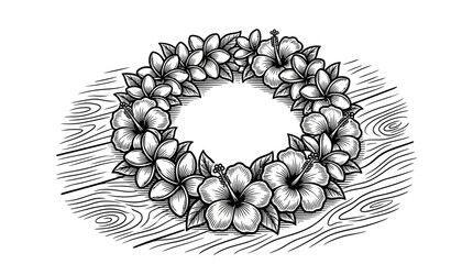 Hibiscus floral wreath engraving on wood background. © ria