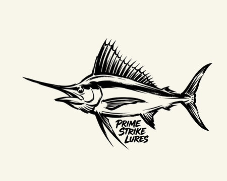 Marlin fishing vector illustration. Sport fishing logo design element. Sailfish swordfish sketch. Saltwater deep sea angling concept.