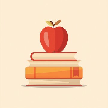 Red apple on stacked books in minimalistic style with neutral background