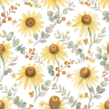 Watercolor sunflower seamless pattern, yellow floral background with eucalyptus leaves and berries, autumn botanical wallpaper for textile design