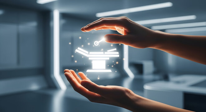 Abstract image showing two hands protectively cupping glowing medical operating table icon.