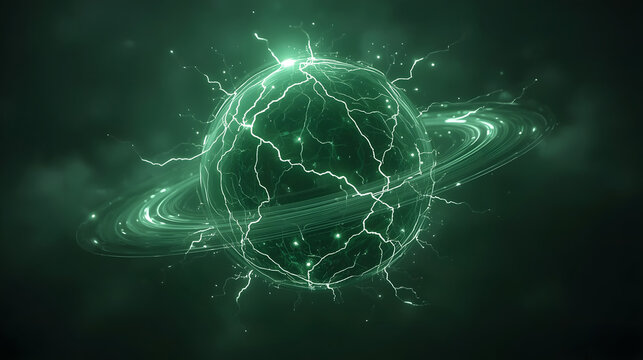 Vibrant green planet with rings engulfed in powerful electrical lightning discharges in a dark, smoky cosmic environment.