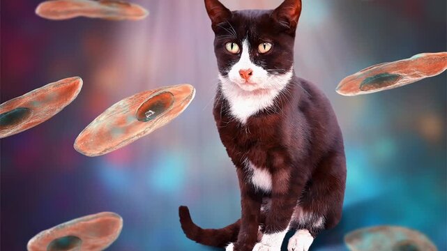 Domestic cat surrounded by Toxoplasma gondii tachyzoites, 3D animation illustrating the feline definitive host and life cycle transmission of toxoplasmosis.