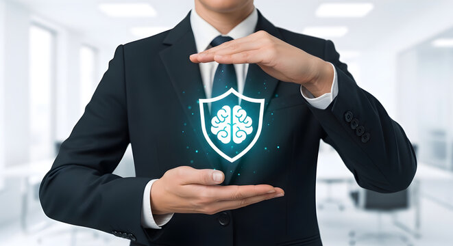 Businessman protecting a glowing shield with brain symbol, cybersecurity and data protection.