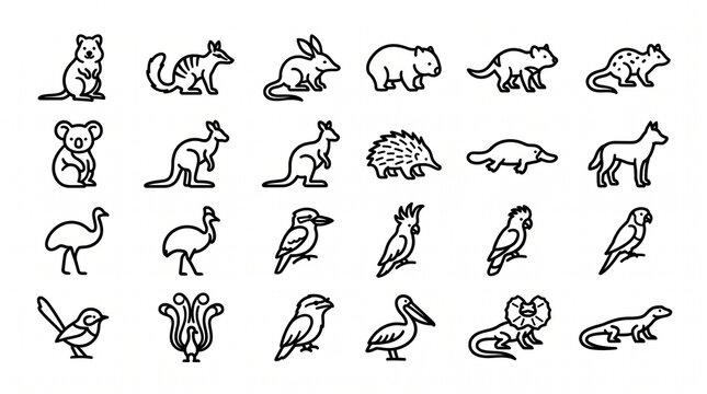 Australian animals line icon set, 24 minimalist wildlife vector symbols, black and white outback fauna illustrations for educational design and travel branding